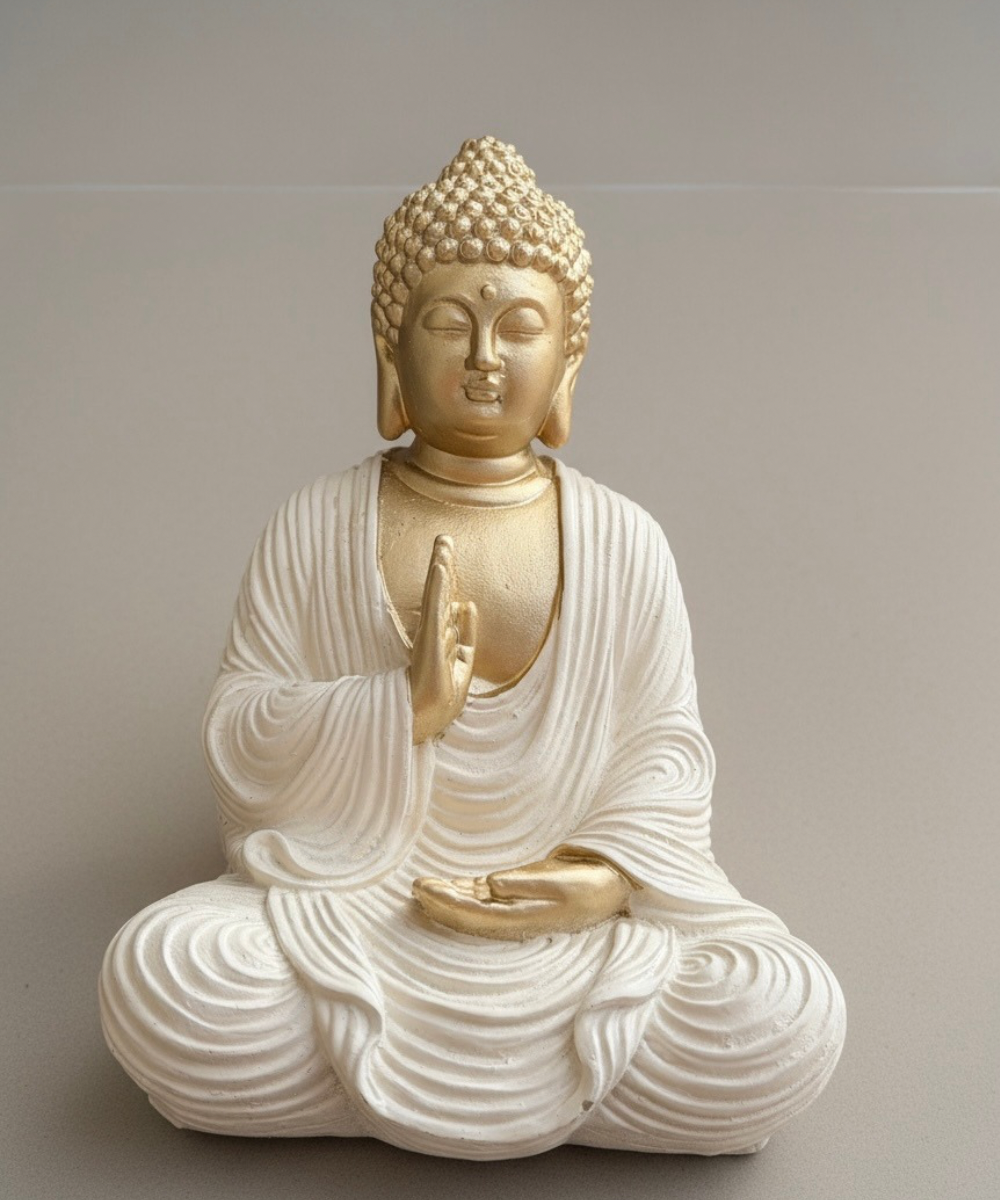 Figura Buda Priya sentado en meditación en resina blanca con detalles dorados, decoración zen y oriental para el hogar