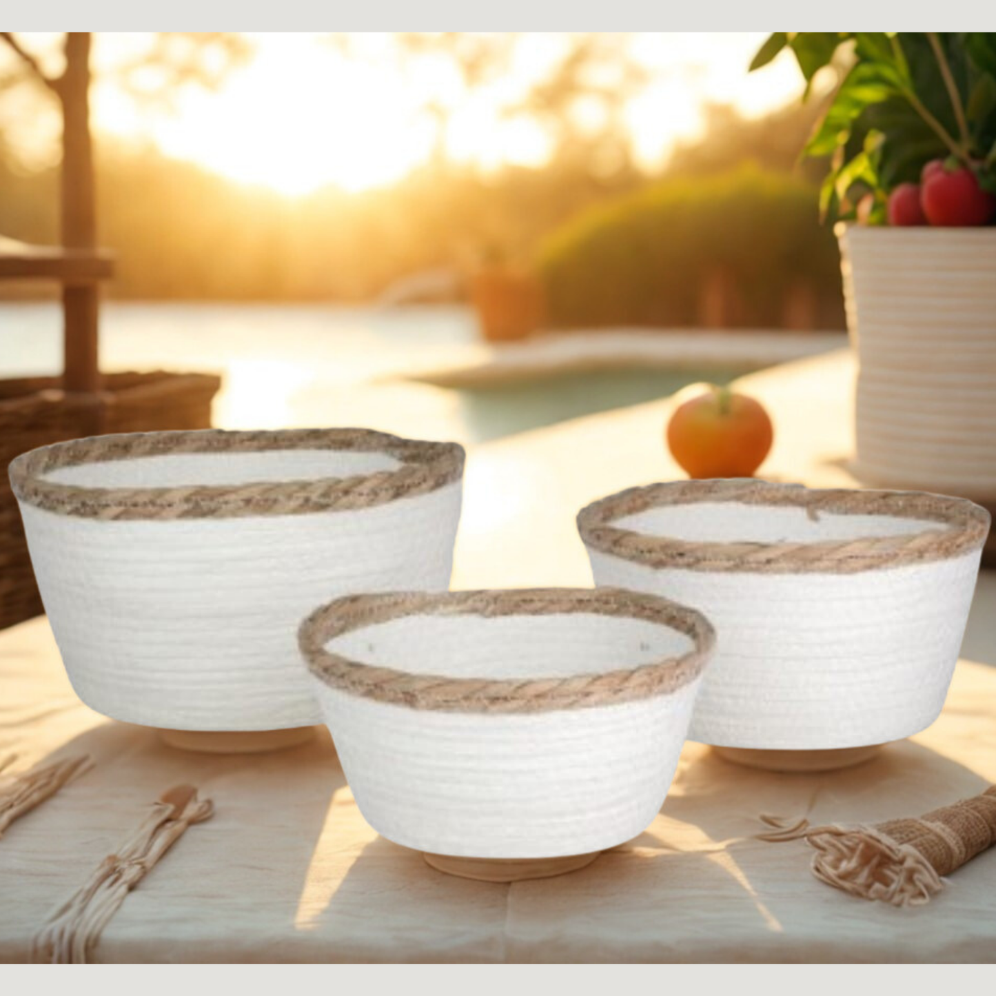 Set de Cestos Orgánicos de Junco y Cuerda – Diseño Bicolor Blanco y Natural