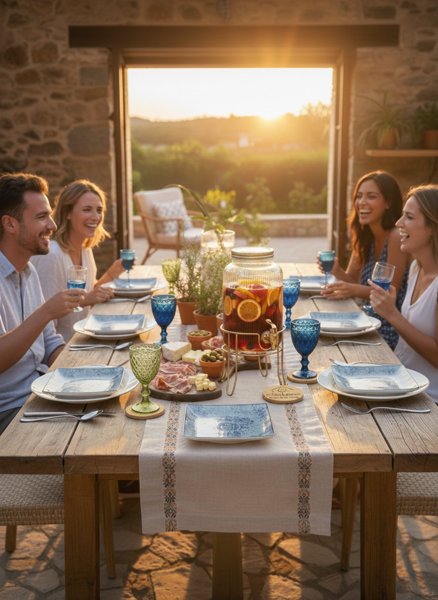 Mesa decorada con vajilla azul y cristalería azul oscuro de Achohome en interior rústico