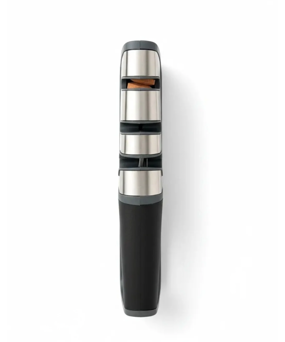 Afilador de cuchillos profesional de tres etapas visto desde arriba, ranuras de afilado para cuchillos de cocina y diseño ergonómico