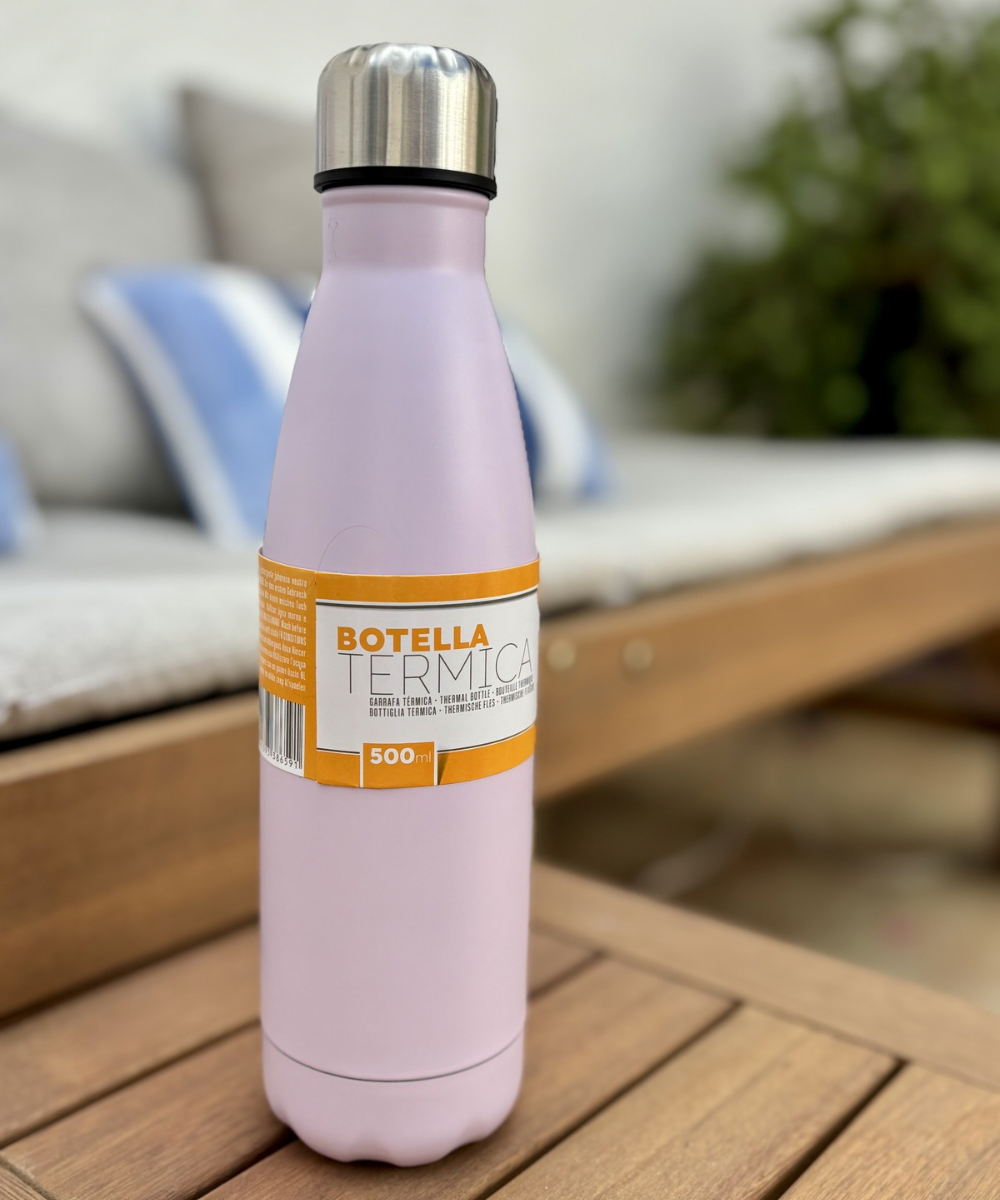 Botella térmica lila de acero inoxidable 500 ml, estilo moderno y práctico para uso diario