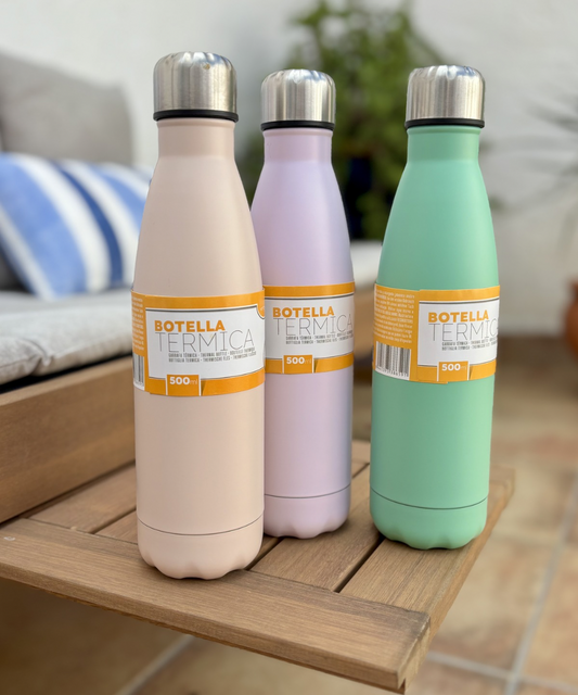 Set de botellas térmicas en colores pastel rosa, lila y verde menta 500 ml, diseño moderno y reutilizable