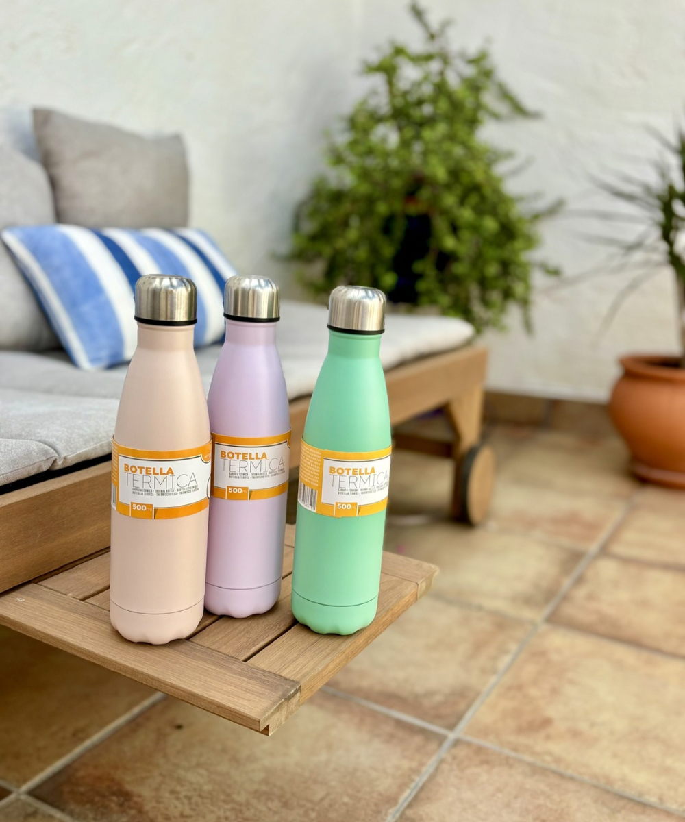 Botellas térmicas de acero inoxidable en tonos pastel, pack en colores rosa, lila y verde para uso diario