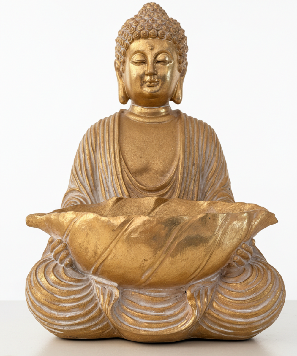 Figura grande Buda Shanti en resina con cesto decorativo, pieza de decoración zen y oriental para el hogar, fondo neutro