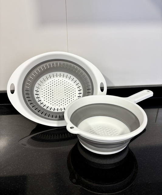 Colador plegable Ultra-Slim de silicona y plástico PP, utensilio de cocina compacto y fácil de guardar ideal para cocinas pequeñas o camping