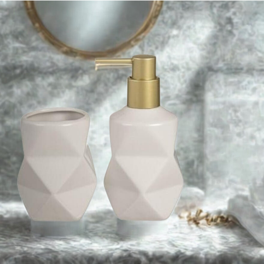 Set de Baño 2 Piezas – Blanco Cerámico con Diseño Geométrico