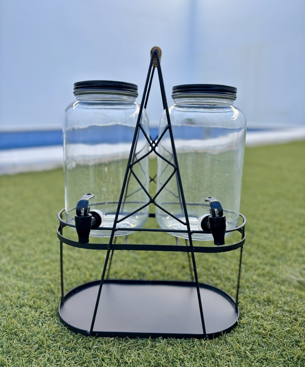 Dispensador de bebidas de cristal transparente y negro con doble depósito, diseño moderno ideal para fiestas y reuniones en el hogar