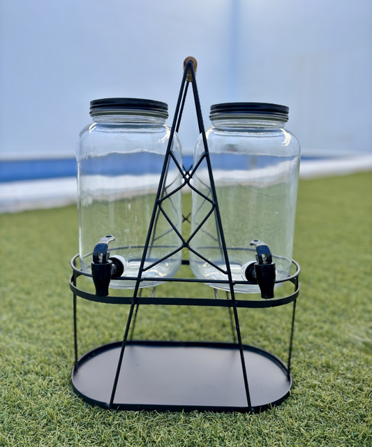Dispensador de bebidas de cristal transparente y negro con doble depósito, diseño moderno ideal para fiestas y reuniones en el hogar