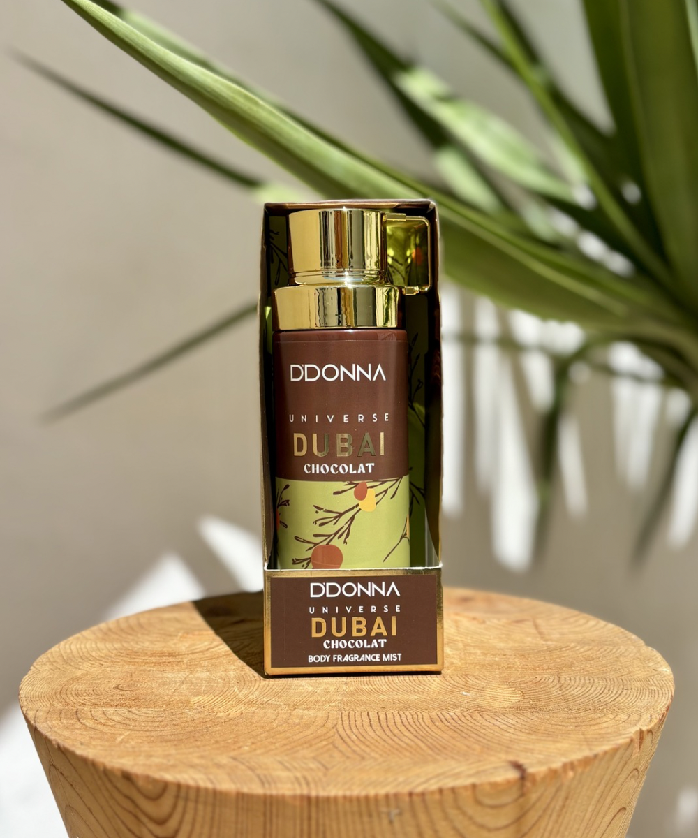  Fragancia corporal Dubai Chocolat con notas de cacao dulce y fondo cálido envolvente
