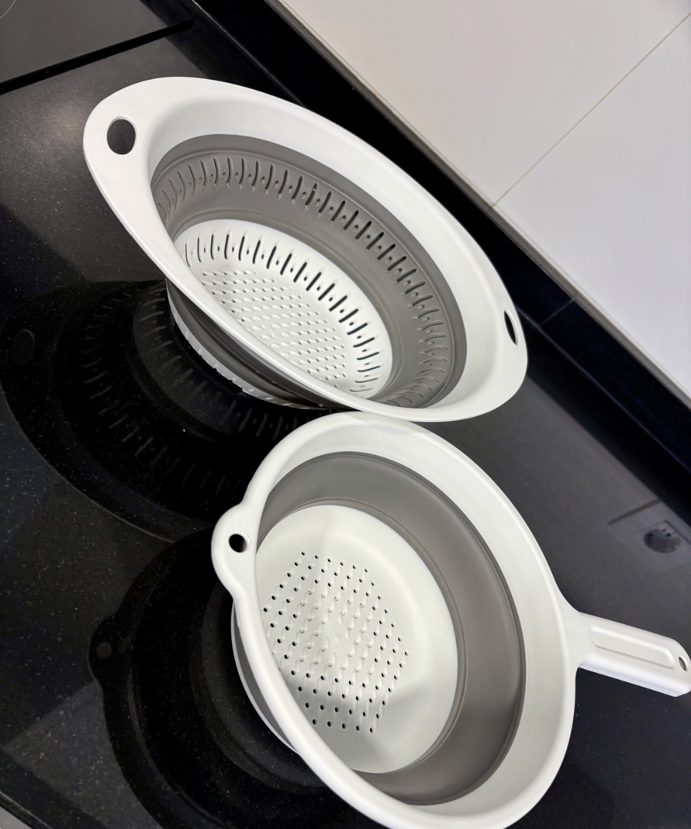 Set de escurridores plegables Ultra-Slim de silicona, coladores de cocina compactos para escurrir pasta y lavar frutas y verduras