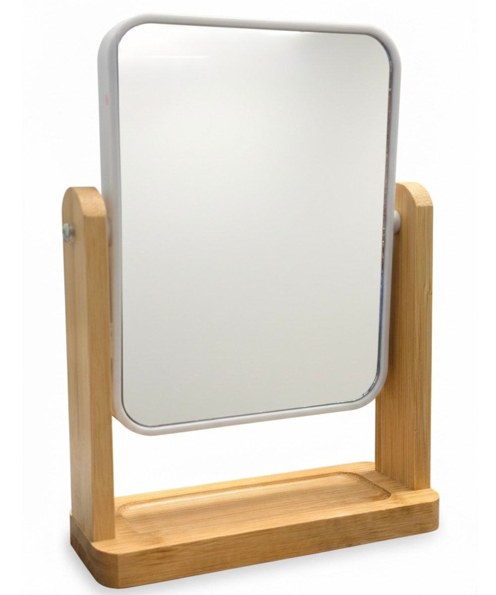 Espejo de tocador Nordic Bamboo con soporte de bambú y marco blanco, diseño moderno y funcional, detalle decorativo para baño o tocador.