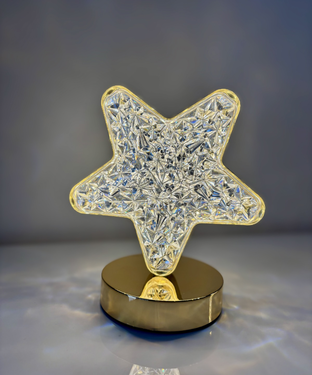 Lámpara Aurora Star Crystal LED en forma de estrella con base dorada, iluminación decorativa moderna