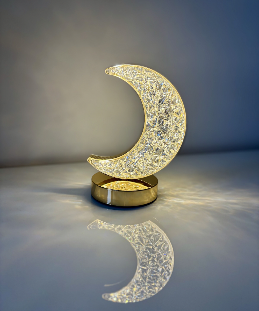 Lámpara Moon Crystal LED encendida con luz blanca cálida, accesorio decorativo moderno para dormitorio o salón