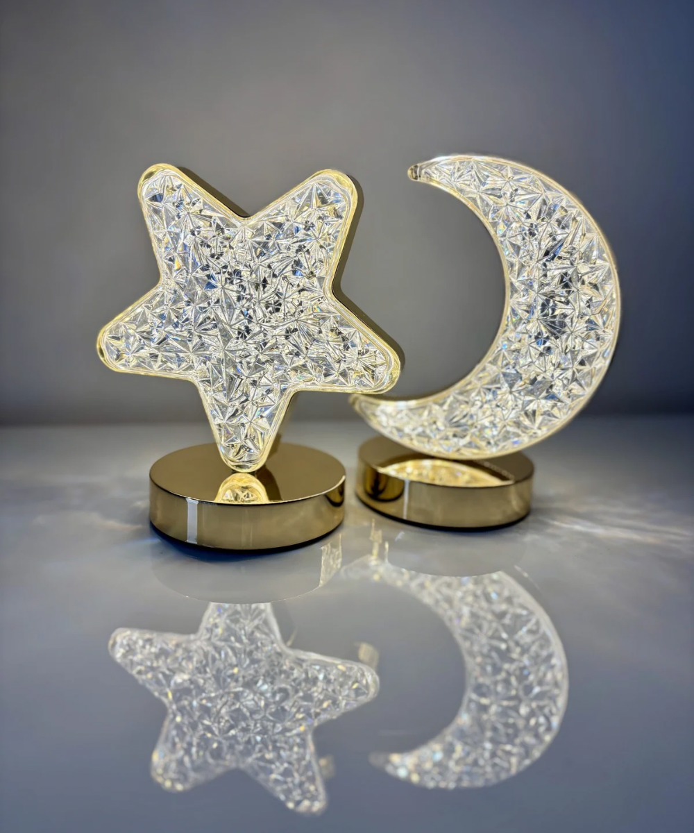 Lámparas Aurora Star LED en forma de estrella y Moon Crystal LED en forma de luna, acrílico tallado con base dorada, iluminación blanca decorativa. 