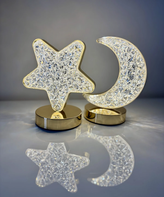 Lámparas Aurora Star LED en forma de estrella y Moon Crystal LED en forma de luna, acrílico tallado con base dorada, iluminación blanca decorativa. 