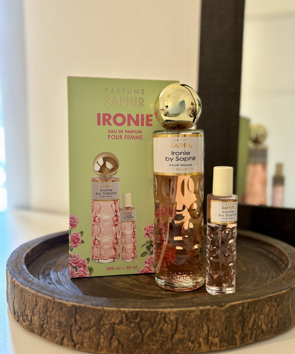 Pack perfume Ironie by Saphir para mujer con dos formatos 200ml y 30ml, fragancia elegante e intensa