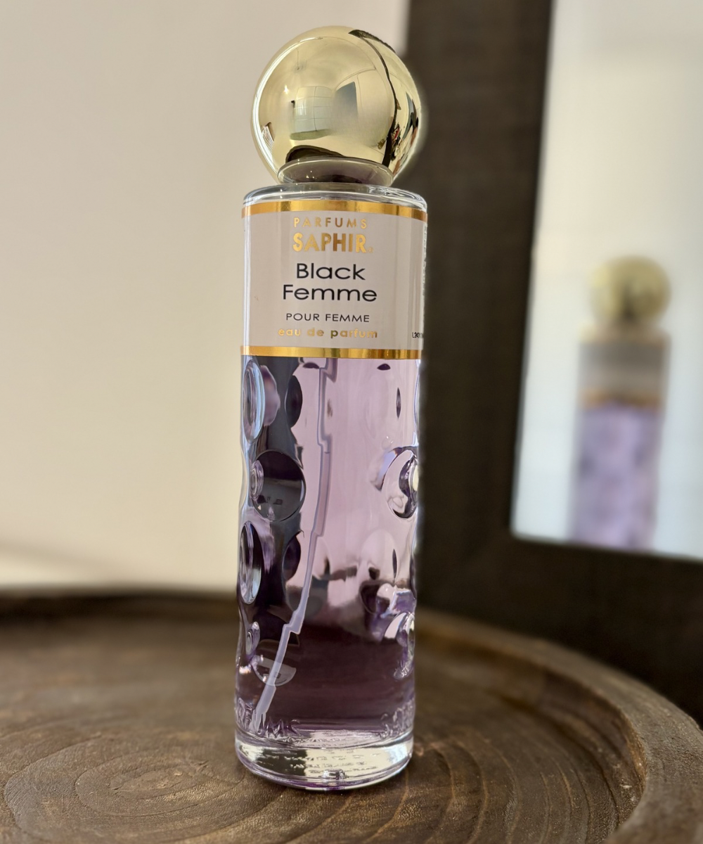 Perfume Saphir Black Femme para mujer, fragancia intensa y elegante con notas dulces y amaderadas