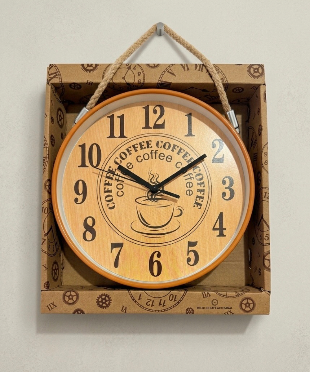 Reloj Coffee decorativo de pared en plástico y cristal, con dibujo de taza de café y palabras coffee en tonos marrón, decoración moderna y divertida para cocina