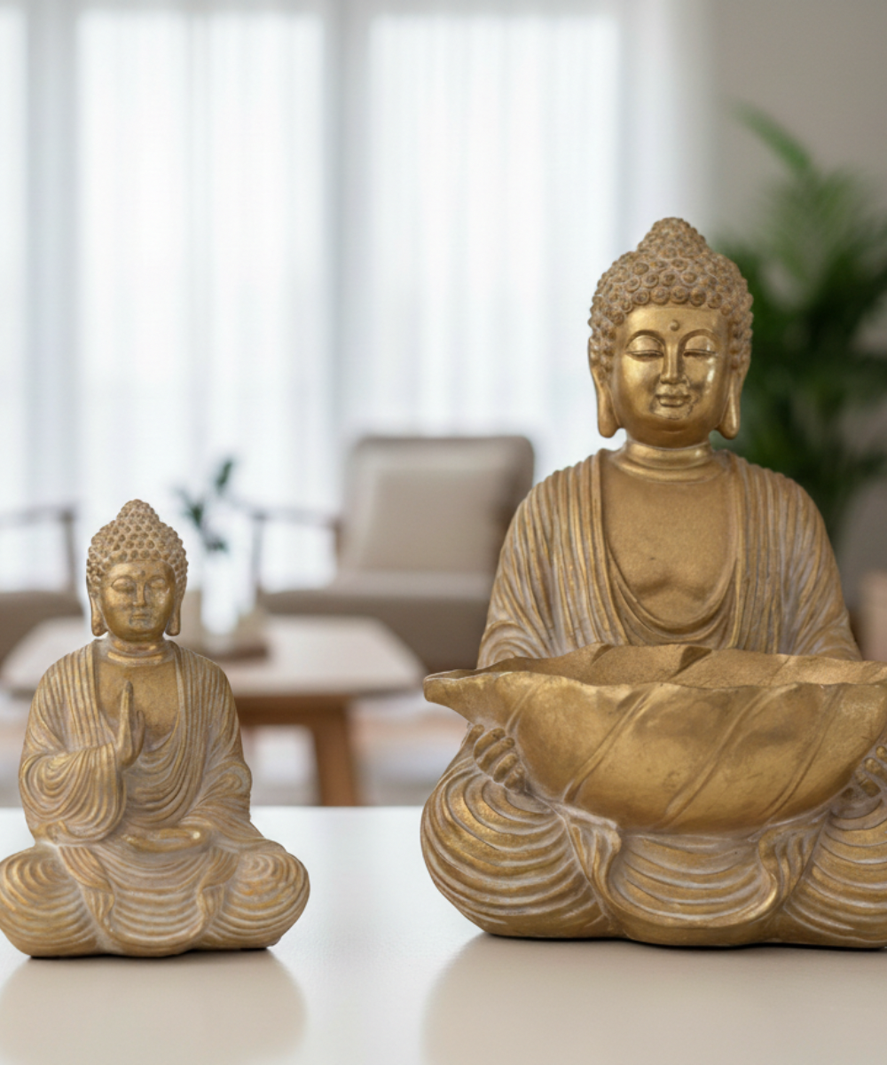 Set de figuras Buda Shanti en resina, una grande con cesto y otra pequeña meditando, decoración zen y original para salón del hogar