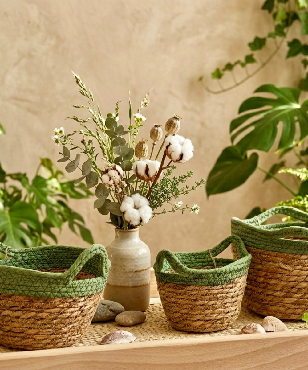 Set de 3 cestos Cesto Raíz en mimbre con parte superior verde y asas, decoración original y práctica para jardín, terraza o espacios exteriores