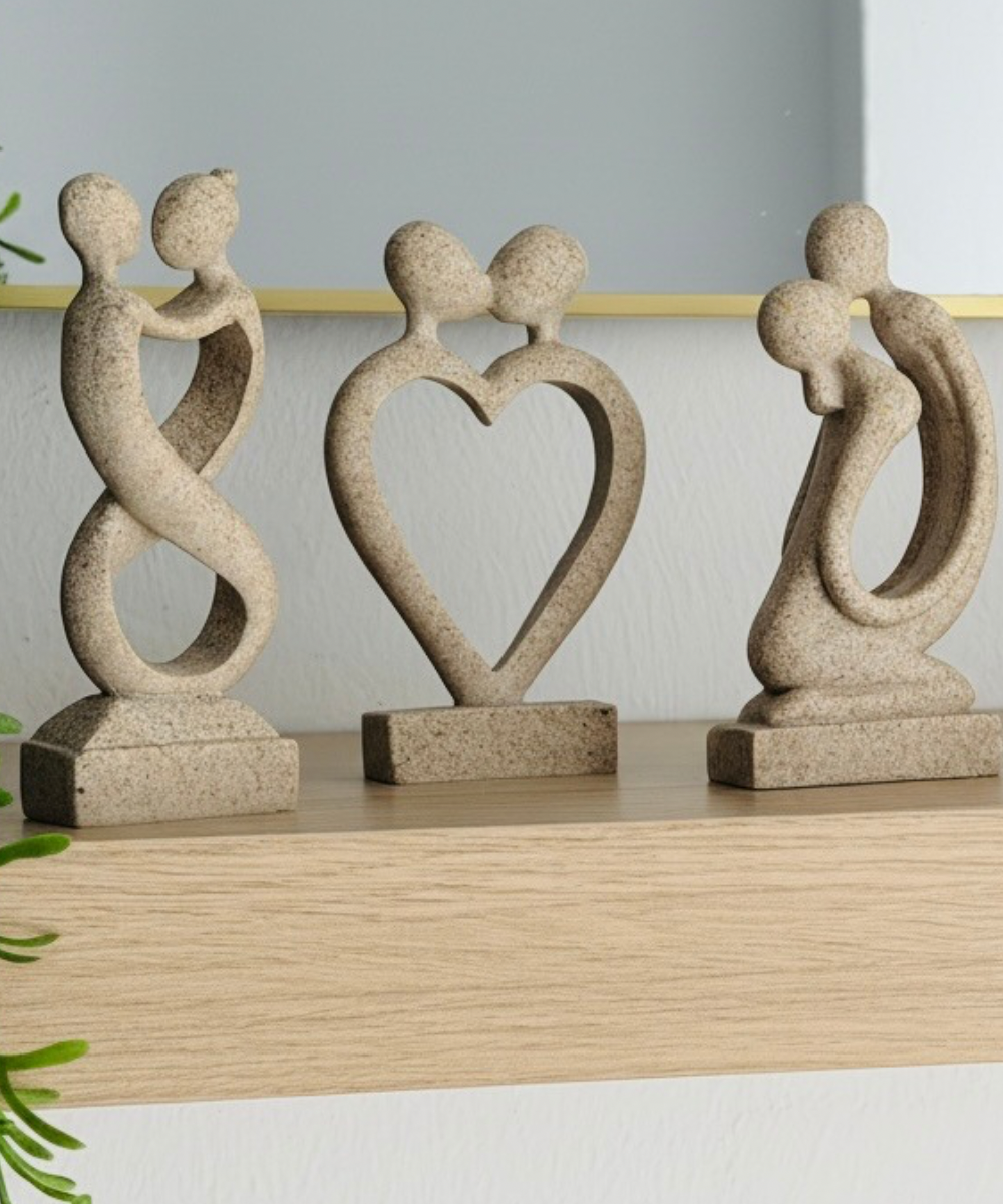 Set de 3 figuras Equilibrio en resina, parejas abrazándose formando infinito, corazón y composición creativa, decoración moderna y artística en comedor