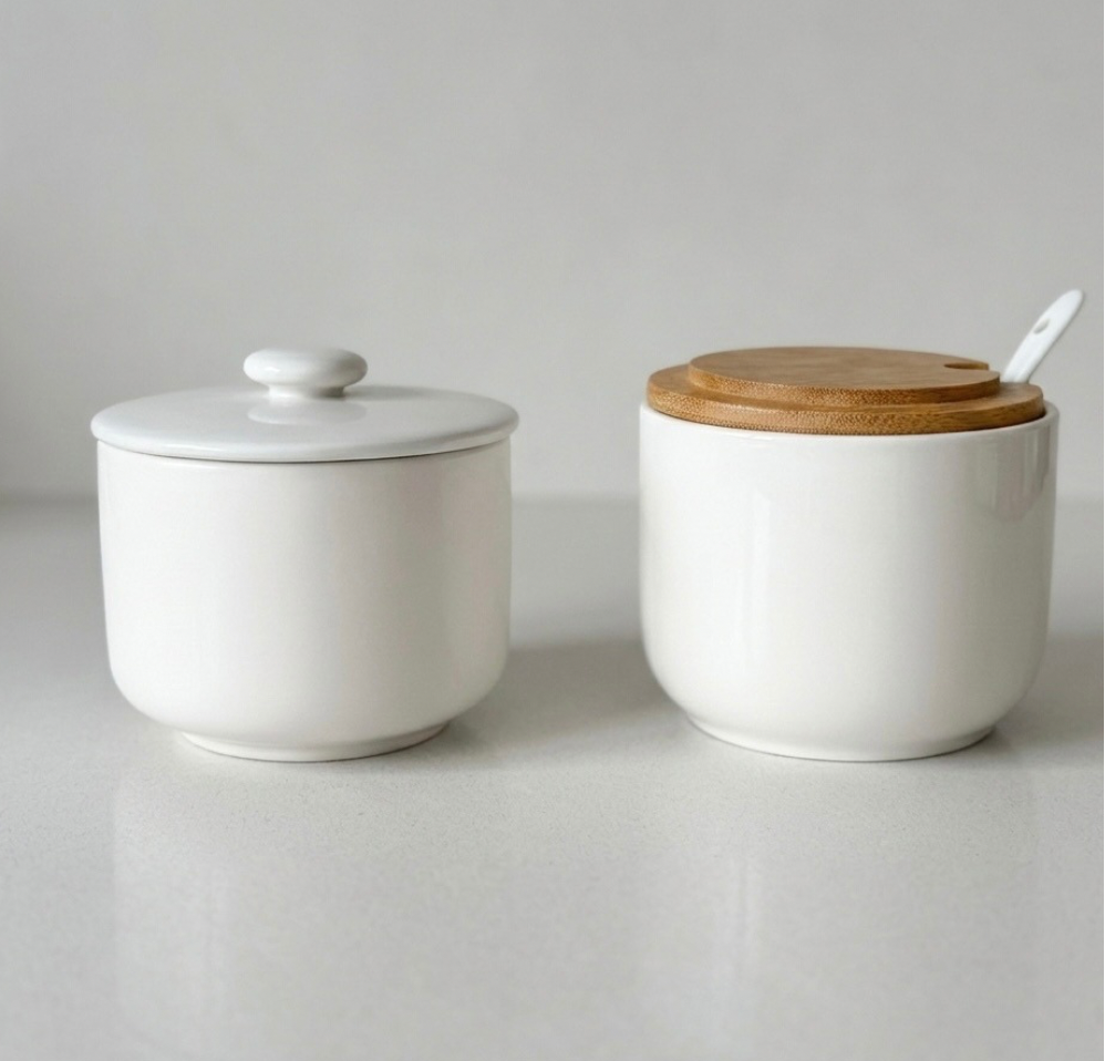 Set de especieros Nordic Spice de cerámica y bambú, minimalista y elegante, ideal para organizar sal, pimienta y condimentos en la cocina