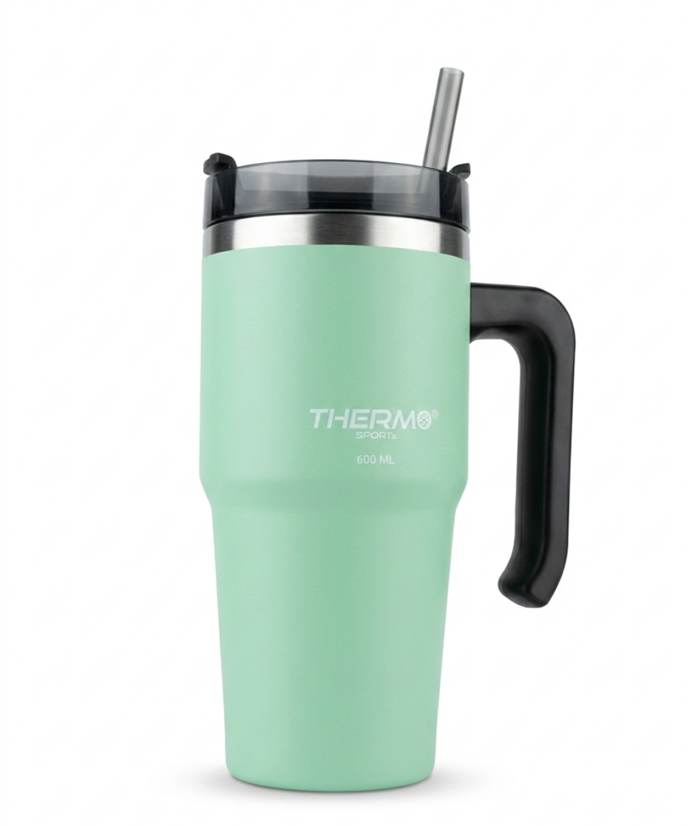 Vaso térmico Soft-Touch con doble pared, tapa hermética y pajita, color verde menta, accesorio elegante y funcional para bebidas calientes y frías