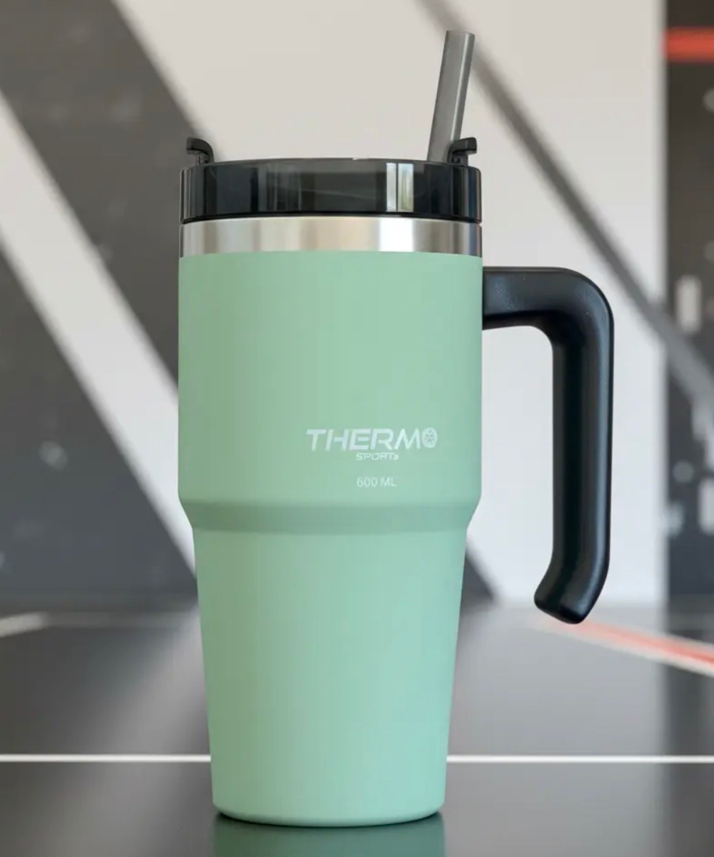 Vaso térmico Soft-Touch con doble aislamiento y pajita, verde menta, acero inoxidable, mantiene bebidas calientes y frías, diseño moderno y urbano