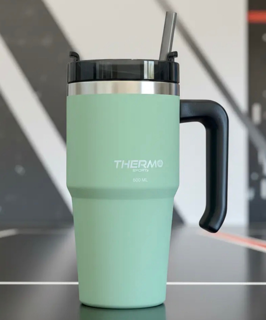 Vaso térmico Soft-Touch con doble aislamiento y pajita, verde menta, acero inoxidable, mantiene bebidas calientes y frías, diseño moderno y urbano