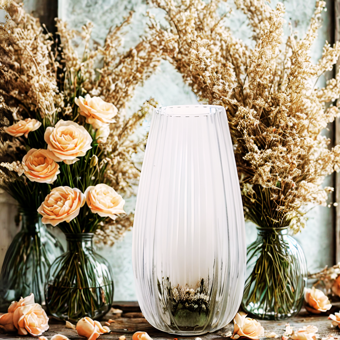 Florero Decorativo Estriado de Vidrio Claro – 19 cm de Alto