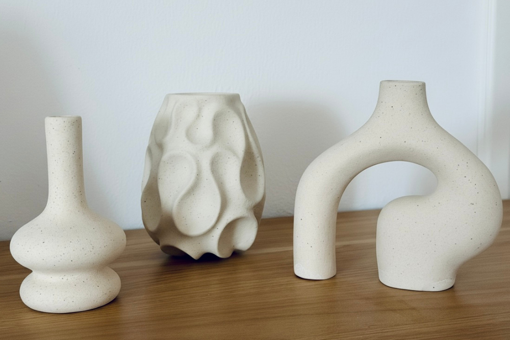 Conjunto de jarrones decorativos de cerámica en blanco para decoración del hogar.